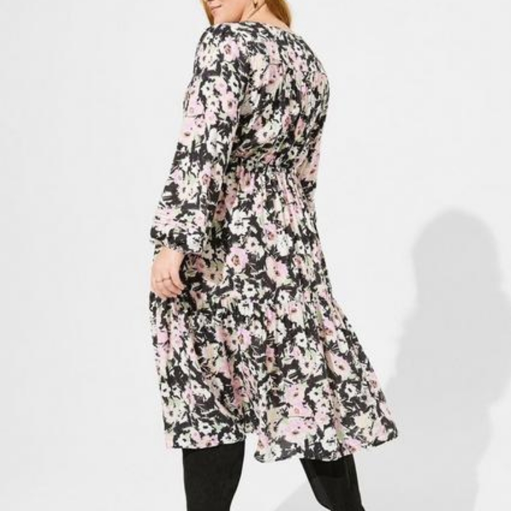 Torrid plus floral swiss dot long sleeves tiered midi dress, 1XL, black - Picture 3 of 13